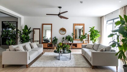Fototapeta premium Modern living room with plants, mirrors, and sofas,comfortable, furniture, living room, shade, shelf, sunlight, modern, vase, design, plant, aesthetic, apartment, backgrounds, calm, 