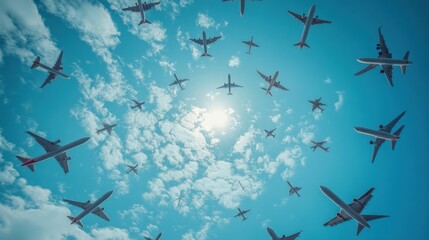 Airplanes in motion forming a network around the world, symbolizing global travel and air traffic, blue sky background