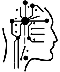 Head outline with CPU style connections representative of AI or technology taking over the human brain