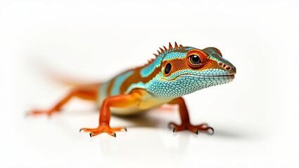 Obraz premium A vibrant blue and orange lizard posing elegantly against a white backdrop.