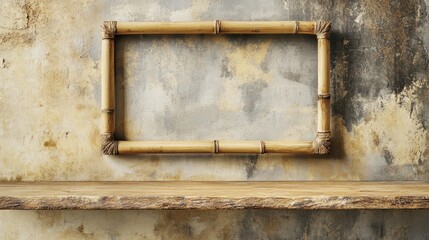 Rustic Bamboo Frame on Wooden Shelf Against Textured Wall