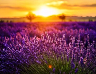 Naklejka premium lavender field in sunset