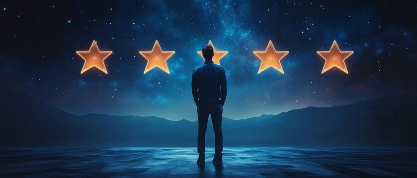 Man under glowing star review sky