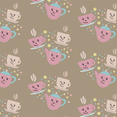 seamless pattern with teapot and cup of coffee on beige background cute cartoon character, happy tea cups with funny faces flat vector. pattern