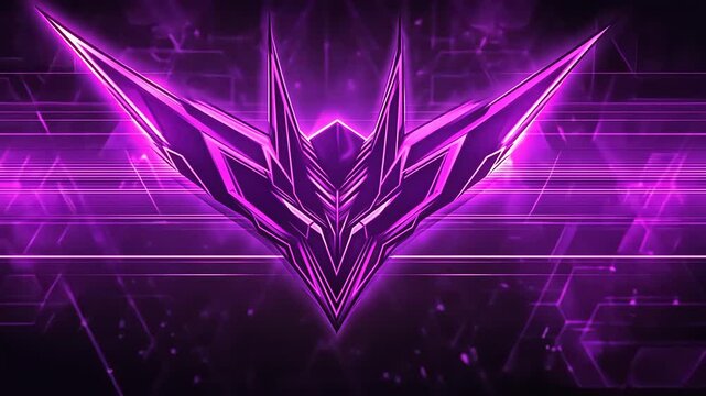 Purple futuristic robot emblem on a dark background with glowing lines