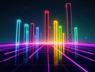 Fototapeta premium Neon skyscrapers rise from a glowing grid in a futuristic, digital cityscape under a starry night sky.