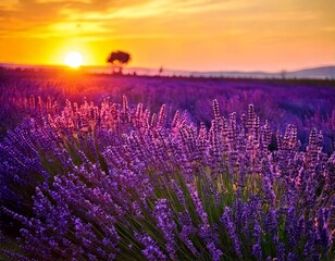 Fototapeta premium Lavender flowers - Sunset over a summer purple lavender field . Bunch of scented flowers 