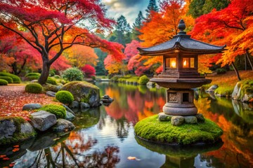 Serene Autumn Japanese Garden: Maple Leaves & Stone Lantern
