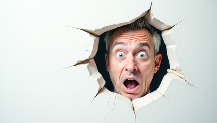 In the hole of the white cracked wall, the surprised face of a man with big eyes