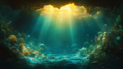 Fototapeta premium Sunlit Underwater Cave With Green And Gold Coral