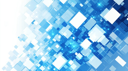 The image shows a flowing wave-like pattern of blue squares on a white background, creating depth, movement, and a modern geometric aesthetic.