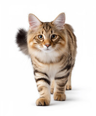 American bobtail cat with walking, isolated in a white background cutout