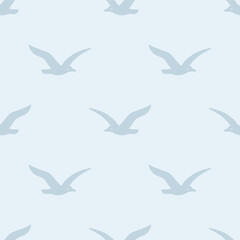 Seamless vector pattern simple seagulls flying in a blue sky, soft neutral blue gray repeat