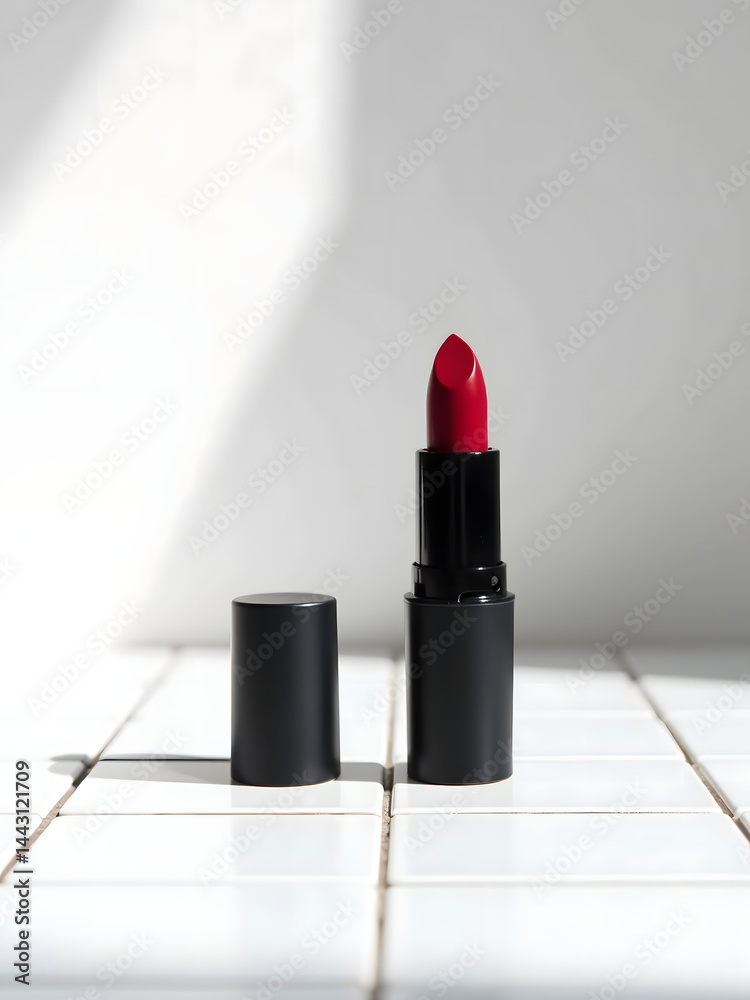 Poster deep red lipstick is stylishly displayed against a clean white background on a sleek tile countertop
