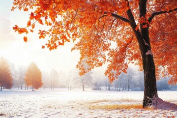 Serene snowy forest landscape in autumn with orange leaves and warm sunlight shining through trees