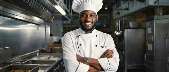 A confident Black male chef stands with arms crossed in a bustling commercial kitchen. Concept of leadership, authority, and culinary excellence.
