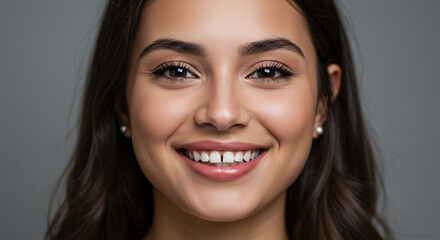 Radiant woman smiling brightly with a natural diastema, standing against a soft gray studio backdrop