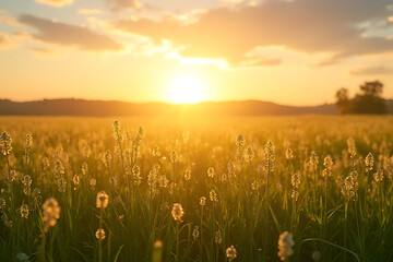 Naklejka premium Serene landscape of a blooming countryside field during golden hour, featuring soft sunbeams and professionally balanced elements 