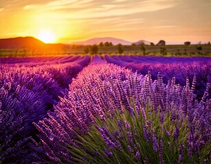 Obraz premium Lavender flowers - Sunset over a summer purple lavender field . Bunch of scented flowers 