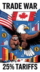 A political cartoon depicting a trade war with an eagle and beaver representing countries with tariffs and graphs.