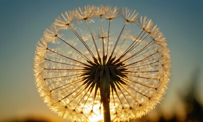 Obraz premium A close-up view of a dandelion flower with the sun shining brightly in the background