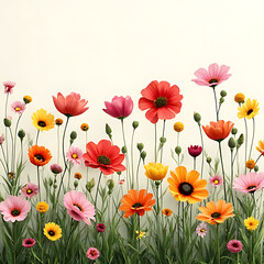 Fototapeta premium Brightly lit flower field scene with a soft breeze effect on petals and grasses, arranged with open horizontal space 