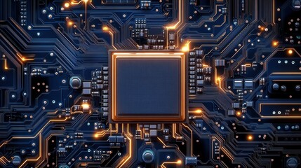 Fototapeta premium Futuristic gold computer chip on circuit board with intricate network pattern in blue and orange colors on dark background