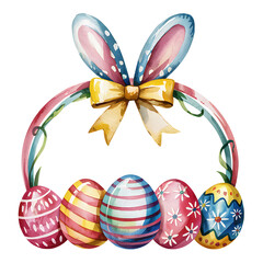 Watercolor Easter wreath with decorated eggs bow and bunny ears featuring vibrant colors and whimsical style.