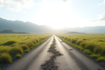 Fototapeta premium Landscape with a broken road crossing a grassy field after earthquake, distant hills and scattered debris, natural lighting