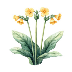 Obraz premium Virginia Cowslip Flower Illustration with Soft Yellow Blooms and Green Leaves Against a Plain Background