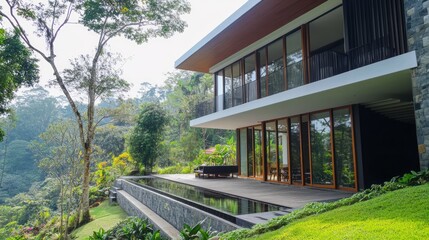 Modern home nestled in lush greenery