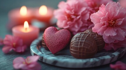 Romantic scene with pink flowers, chocolates, and candles.