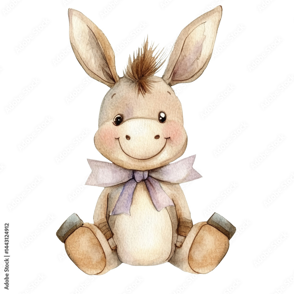 Poster watercolor illustration of a charming donkey character isolated on a transparent background, creatin