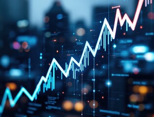 A digital graph with rising lines and data points overlays a blurred cityscape, representing financial growth and analytics.