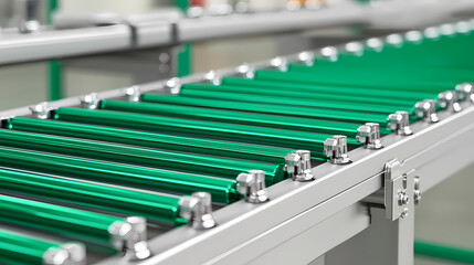 A under 200 characters: Green metal roller conveyor system used for material handling in an industrial or warehouse setting, designed for efficient transportation of goods.