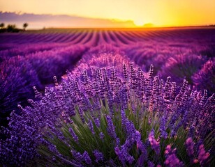 Obraz premium Lavender flowers - Sunset over a summer purple lavender field . Bunch of scented flowers 