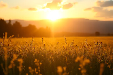 Obraz premium Serene landscape of a blooming countryside field during golden hour, featuring soft sunbeams and professionally balanced elements 