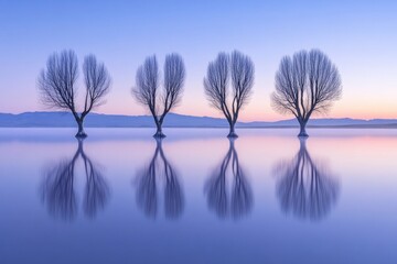 Serene landscape featuring four trees reflecting in calm water during a tranquil sunset creating a peaceful and symmetrical composition with a soft color palette