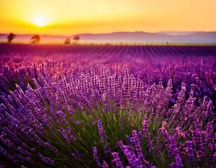Obraz premium Lavender flowers - Sunset over a summer purple lavender field . Bunch of scented flowers 