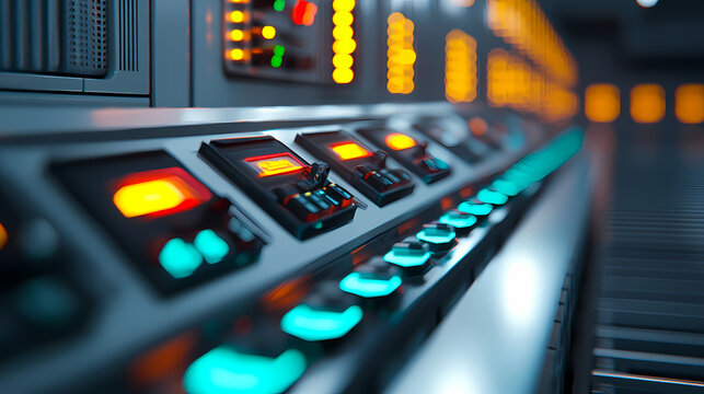 A futuristic control panel with illuminated buttons and digital displays in a high-tech environment.