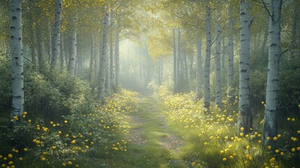 Fototapeta premium Misty forest path, sunlight, yellow flowers