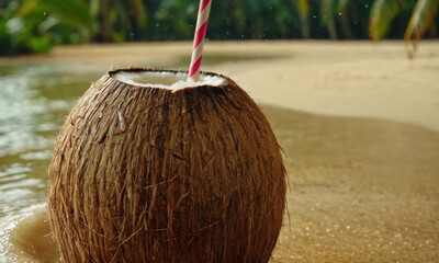 A refreshing coconut drink with a straw on a sunny beach