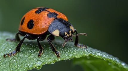 Fototapeta premium A ladybug crawling on a leaf with morning dew droplets