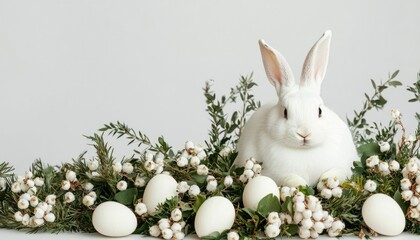 Obraz premium White rabbit surrounded by Easter eggs and greenery