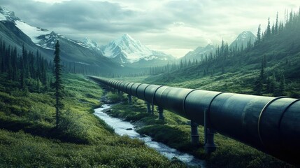 Scenic Mountain Pipeline with Diverse Pipes, Metal Rails, and Serene Landscape Featuring Greenery, Stream, and Snow-capped Peaks