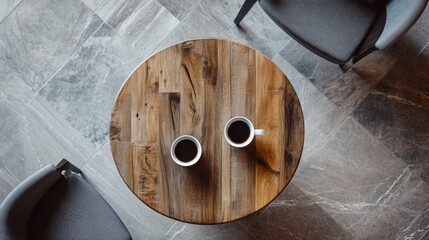 Two Cups of Coffee on Wooden Table Top View