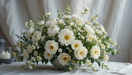 White Floral Arrangement Displayed on Table with Curtains