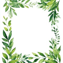 Watercolor painting of a frame made of green leaves and branches