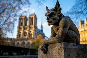 Gargoyle statue, Notre Dame cathedral backdrop