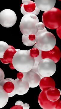 Animated Vertical Video Floating Red and White Metallic Balloon Ball Isolated dark background. Round Shape, Minimalist, Modern, Birthday, Abstract, Elegant and Luxury Object.